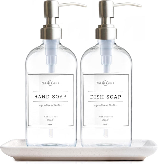 Vine Creations Glass Soap Dispenser, 2 Pack Kitchen Soap Dispenser Set with Ceramic Tray, Stainless Steel Pump, Dish Soap Dispenser for Kitchen, Hand Soap Dispenser Bathroom with Waterproof Labels