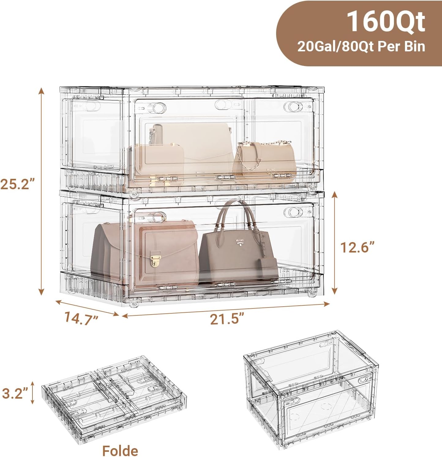 BROVIEW Clear Stackable Storage Bins Drawers, Open Front Large Plastic Storage Bins with Lids, Foldable Closet Organizers and Storage for Wardrobe Cabinets, Pantry, Makeup,2 Pack