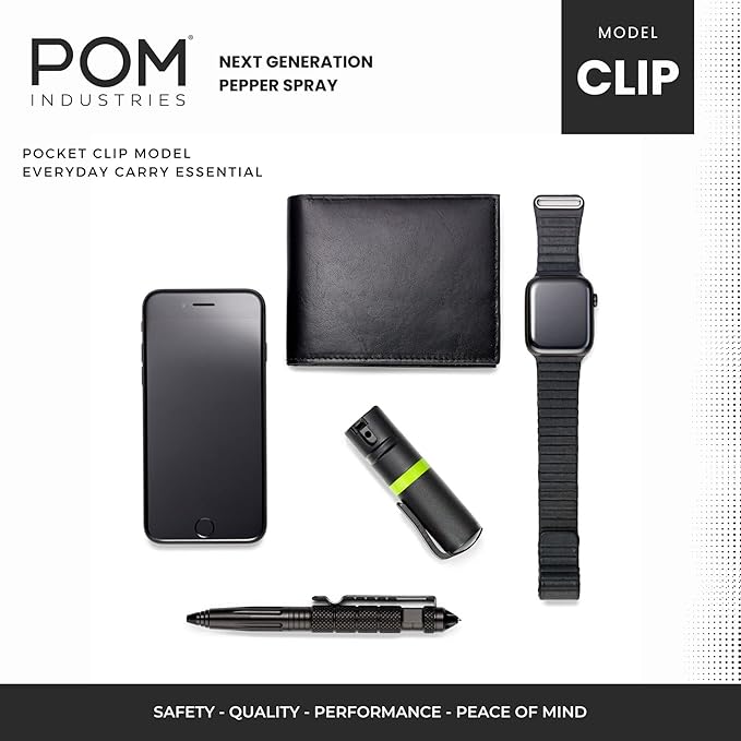POM Pepper Spray Pocket Clip, Quick Flip Top Safety, Maximum Strength OC Formula with UV Marking Dye, Safe Compact and Tactical Design for Everyday Carry, 25 Bursts, 10 ft Range, 0.5 fl oz