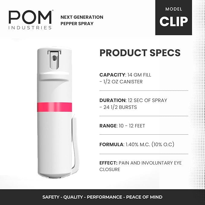 POM Pepper Spray Pocket Clip, Quick Flip Top Safety, Maximum Strength OC Formula with UV Marking Dye, Safe Compact and Tactical Design for Everyday Carry, 25 Bursts, 10 ft Range, 0.5 fl oz