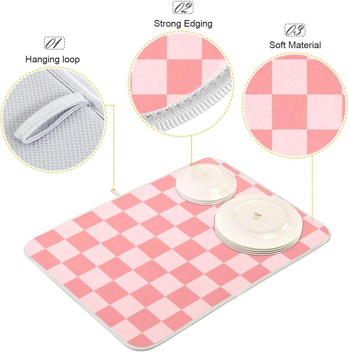 Buffalo Plaid Pink Dish Drying Mat for Kitchen Countertop 16x18 Chessboard Rectangle Small Drying Mat Reusable Quick Dry Dish Sink Absorbent Mats Dishwasher Easy Clean Decorative Home Essentials