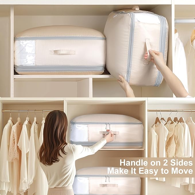 Comforter Storage Bag - Large Capacity Blanket Storage Bags 3-Layer Ultra Space Saving Self Compression Organizer, Washable Compression Bags for Storage Comforter Blanket, 2-Pack, Beige