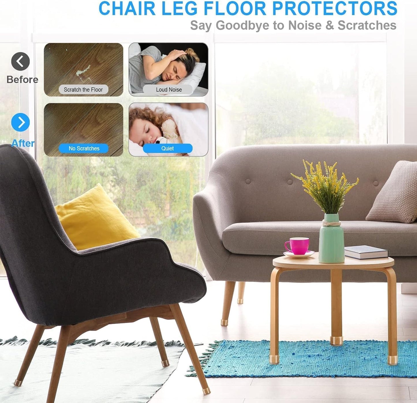 20 Pcs Chair Leg Floor Protectors for Hardwood Floors, Black Rubber Furniture Sliders with Felt, Silicone Furniture Leg Caps Covers (Fit Square Diameter:1.06" to 1.44")