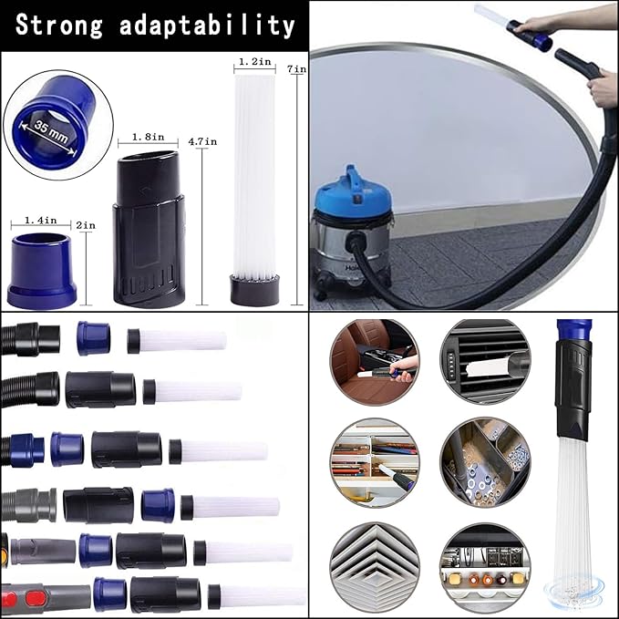 13PCS Universal Vacuum Attachment Kit Wet Dry Plastic Vacuum Hose Adapter 1-1/4" Vacuum Cleaners Accessories with Horse Hair Brush Extension Wand Flexible Crevice Tool Adapter for Shop Vac Accessories
