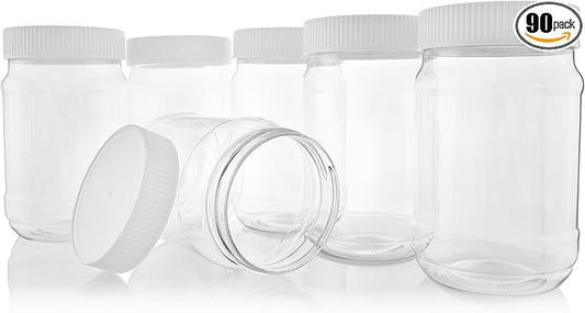 Pinnacle Mercantile Plastic Jars with Screw on Lined Lids 90 Pack 32 ounce Wide Mouth Food Storage Containers