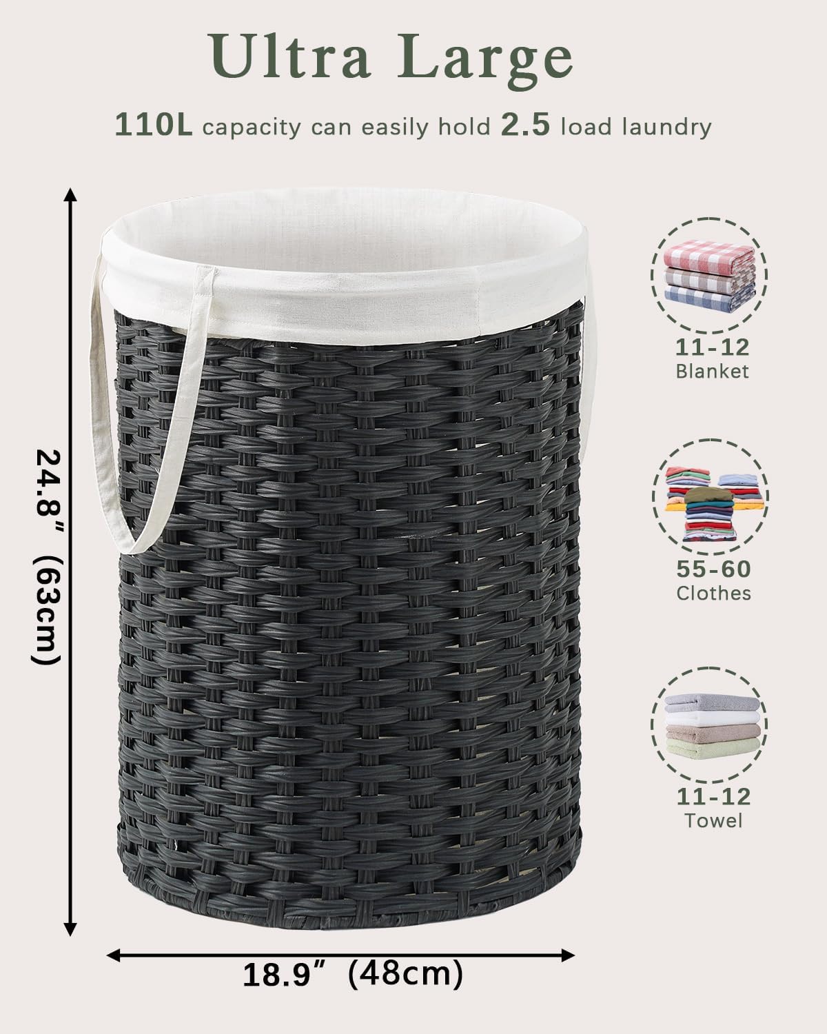 Laundry Basket Round Rattan Laundry Hamper 29.1 Gal (110 L) Handwoven Large Wicker Basket with Handles, Wicker Hamper with Removable Bags and 2 Mesh Bags for Bathroom Living Room Black
