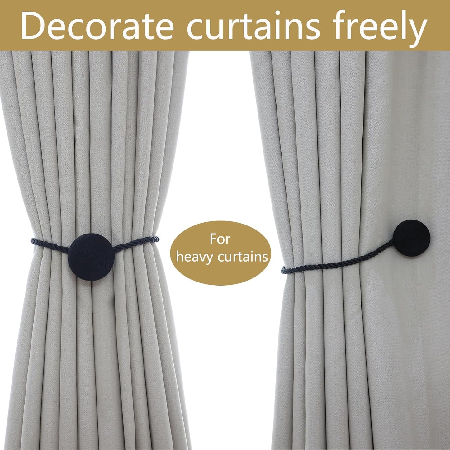 Magnetic Curtain Tiebacks - 12mm Magnetic Tie Backs for Curtains, Heavy Duty No Drill Curtain Holdbacks for Home/Office Windows Drapes, Elegant Gift-Ready Design 7 Colors (2, Black)