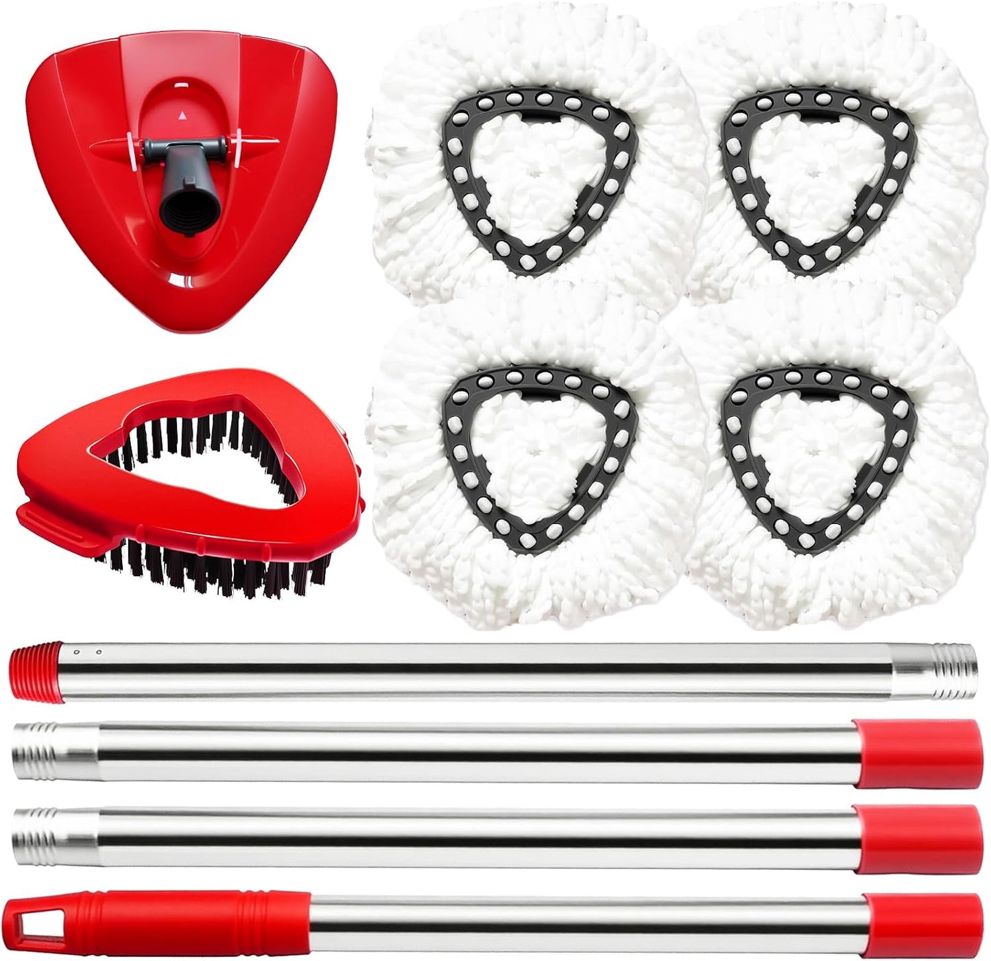 Spin Mop Head and Brush Replacement Compatible for O Cedar EasyWring 1-Tank System, 4 Microfiber Mop Refills, 1 Scrub Brush,1 Base and 30-58in Mop Stick Easy-to-Replace (White 1 Tank System)