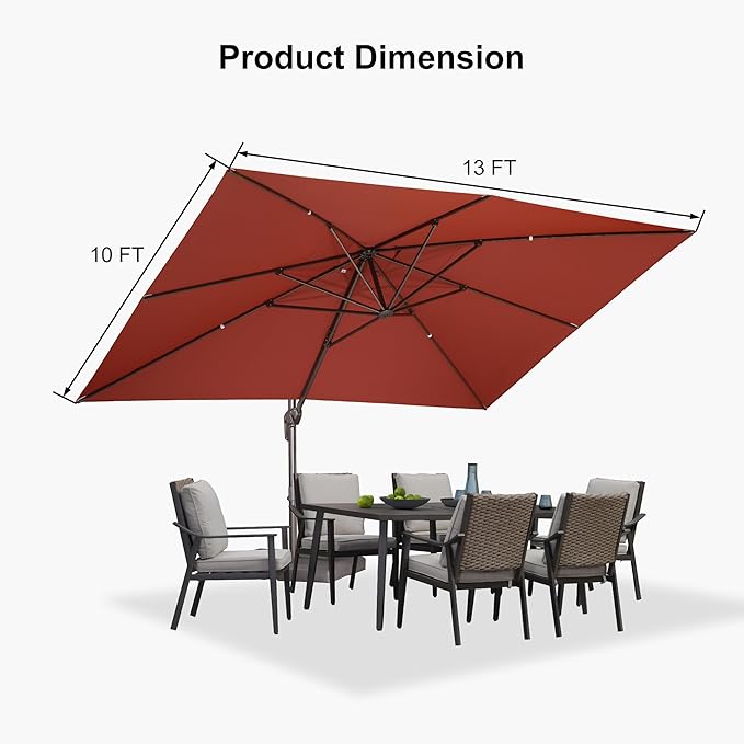 PURPLE LEAF 10' X 13' Patio Cantilever Umbrella Rectangle Umbrella Outdoor with Aluminum Offset Hanging and 360° Rotation for Pool Garden Deck Patio, Brick Red