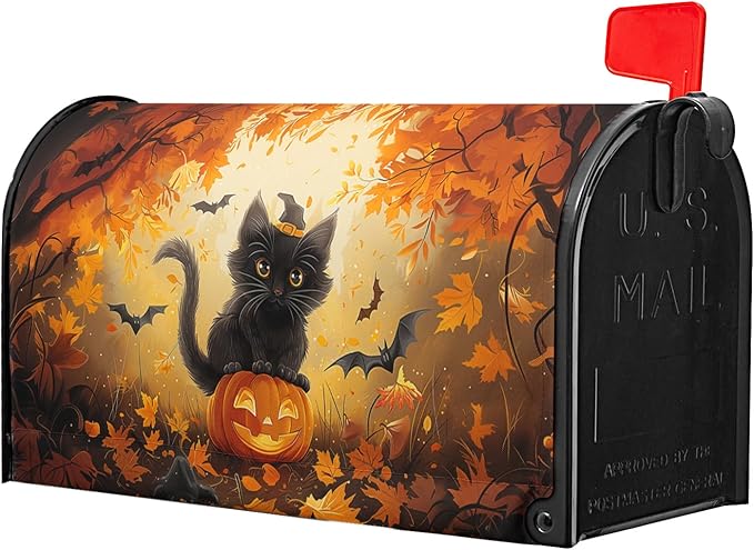 Halloween Cat Magnetic Mailbox Covers Spooky Kitten Pumpkin Waterproof Letter Box Cover Large Size Fall Maple Leaf Forest Bat Decorative Holiday Post Wraps for Home Garden Yard Outdoor 25.5x21 Inch