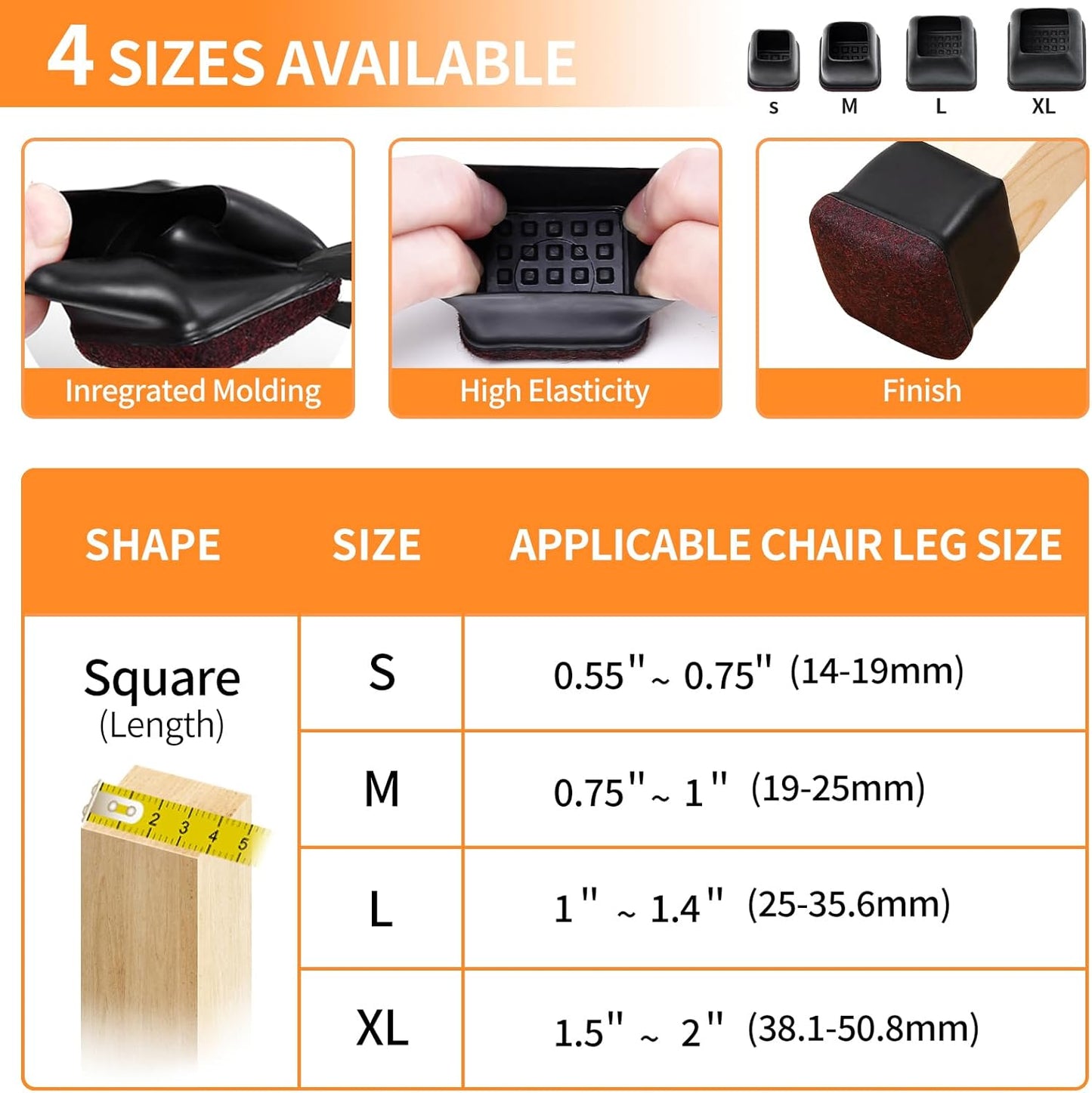 Ezprotekt 8 Pcs Extra Large Square Chair Leg Floor Protectors, Silicone Felt Furniture Pads for Hardwood Floor, Dining Table Bar Stool Leg Protectors Leg Cups Covers (XL Fit: 1.5" - 2", Black)