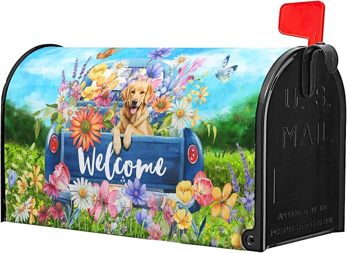 Spring Truck Mailbox Cover Magnetic Welcome Flower Cute Golden Retriever Dog Letter Box Blue Pickup Colorful Flower Butterfly Decorative Waterproof Post Box Covers For Garden Yard Outside