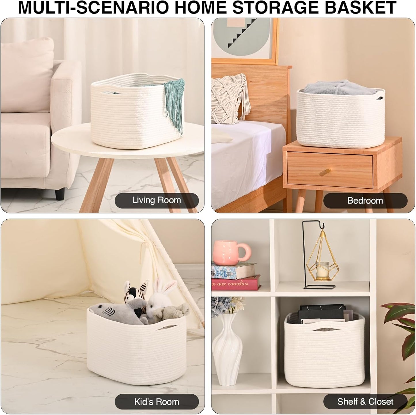 Woven Cotton Rope Storage Basket for Organizing, Cute Decorative Baskets for Gifts Empty, Organizer Bins for Dog Toy, Baby Laundry, 17“×13”×9.5“, Off White