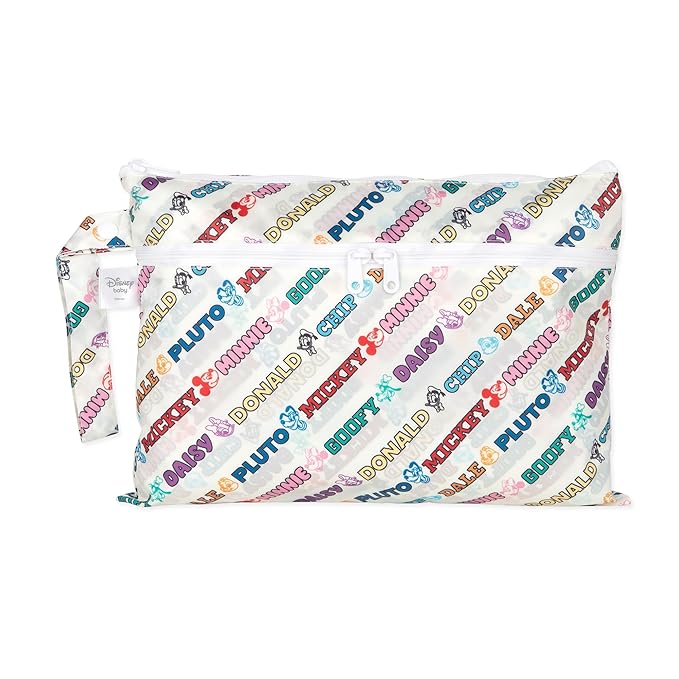 Bumkins Disney Waterproof Wet Dry Clutch Bag for Baby, Travel, Swim Suit, Diapers, Pump Parts, Pool, Gym Clothes, Toiletry, Hook to Stroller, Daycare, Packing Pouch, Zip Bag, Mickey and Friends White