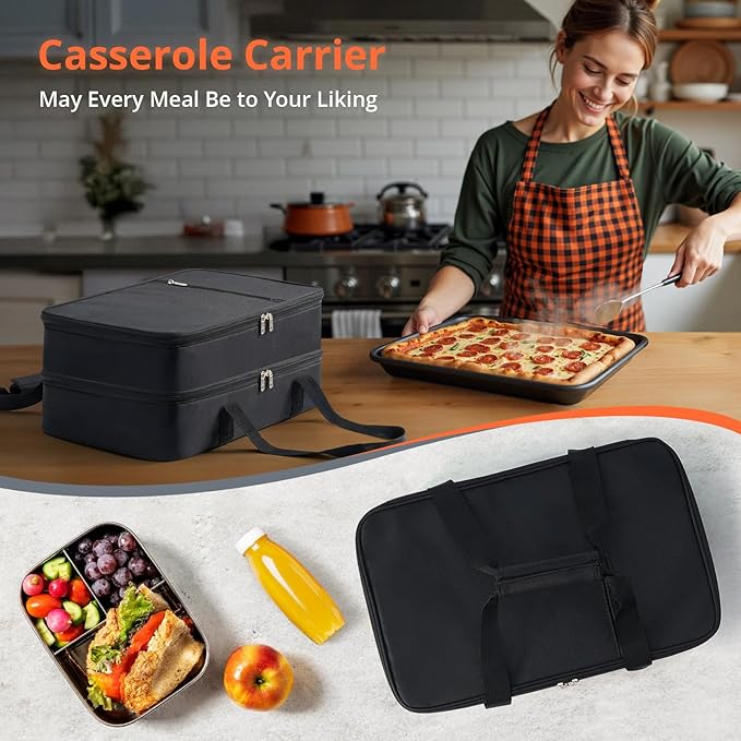 Double Insulated Casserole Carrier for Hot or Cold Food,Pie Carrier Bag Lunch Tote for Potluck Parties/Picnic/Cookouts, Fits 9"x13" Baking Dish, Black