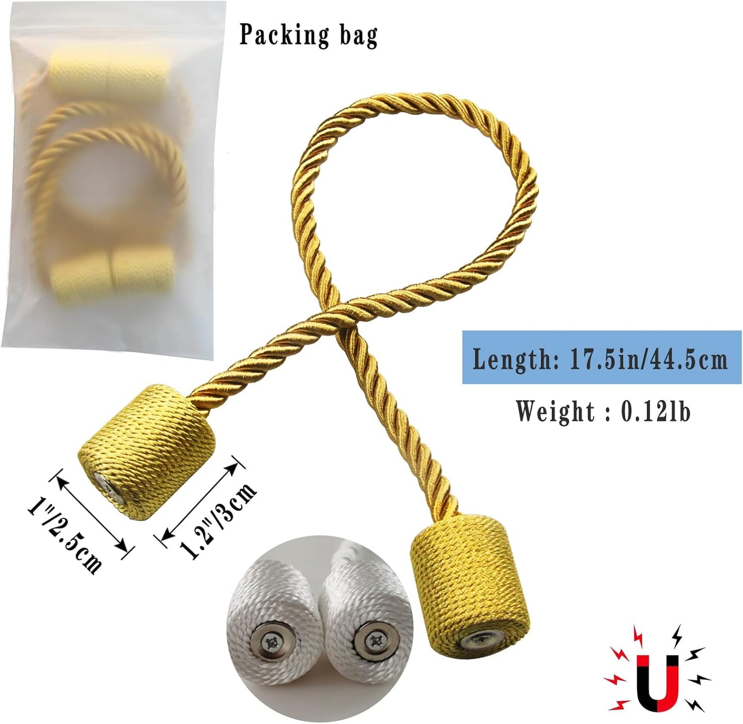 Magnetic Curtain Tiebacks 2 Pack Gold Curtain Rope Tieback Curtain Holders for Drapes Modern Tie Backs Decorative Curtain Holdbacks