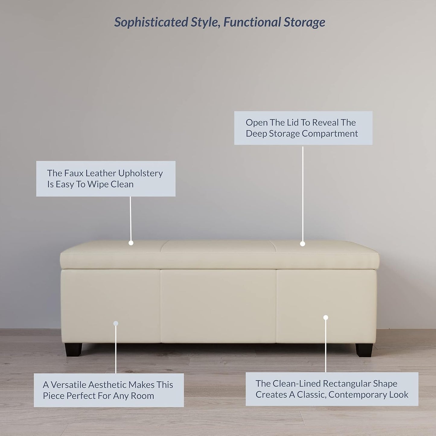 BELLEZE Storage Faux Leather Ottoman, 47 Inch Bench Bedroom Bench with Safety Close Hinge, Extra Long Ottoman with Storage for Living Room, Entryway, Foot Rest, Support 300lbs - Cream