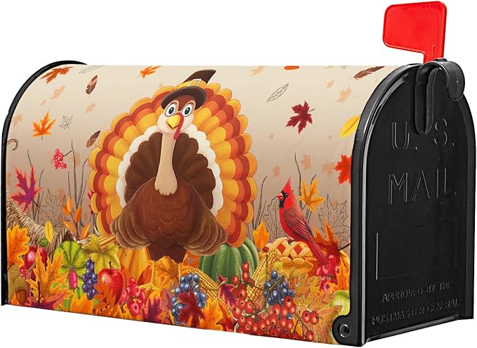 Thanksgiving Turkey Mailbox Covers Magnetic Standard Size 25.5" X 21" Fall Harvest Fruit Letter Post Wraps Cardinal Maple Leaves Decorative Holiday Postbox Covers for Home Outdoor Garden Yard