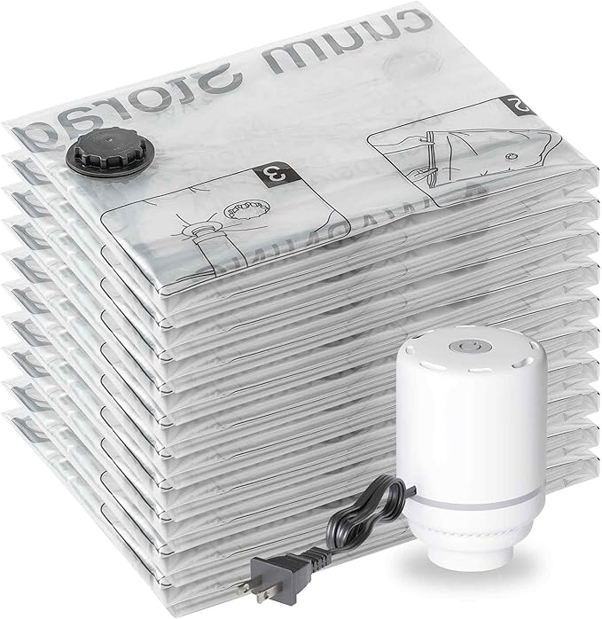 SUOCO 10 Small Vacuum Storage Bags with Electric Pump, Travel Clothes Space Saver Bags, Compression Airtight Seal Bags for Clothing, Pillows, Comforters, Blankets