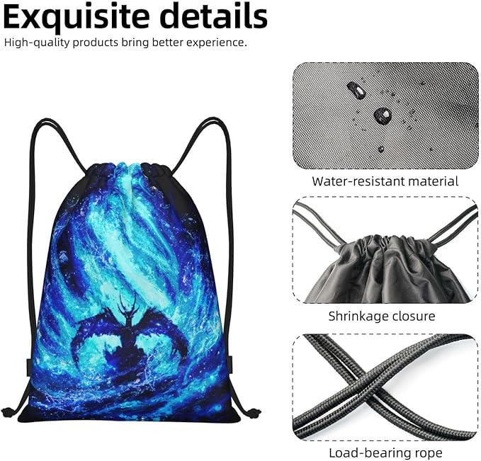Fly Dragon Drawstring Bags Cool Blue Flame Sport Gym Sackpack Black Backgound Drawstring Backpack for Men Beach Yoga Swim String Bag Cinch Bag