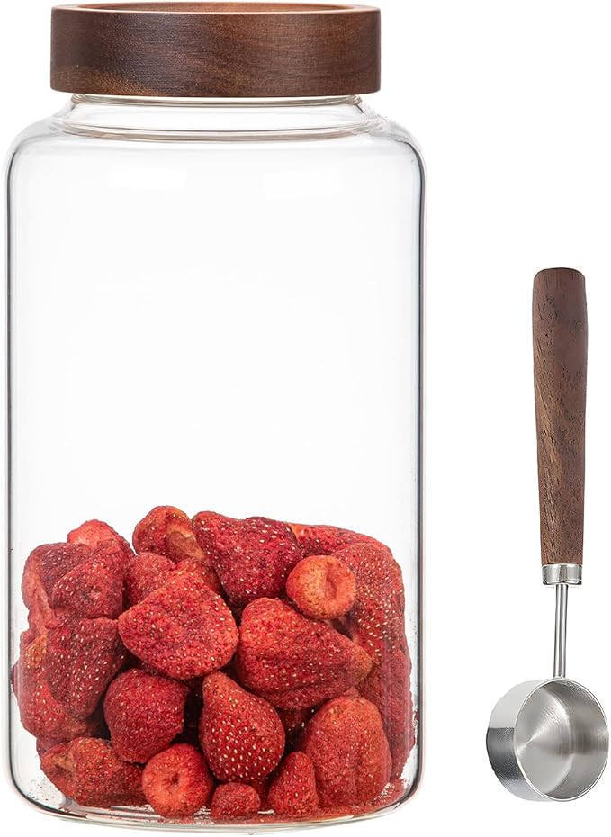 Large Glass Coffee Jars with Spoon,Round Storage Canister with Wooden Lid Clear Glass Food Jar for Pantry Sugar Tea Coffee Bean Spice Nuts Cookies Bath Salts (2300ml/77oz)