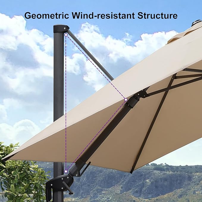 PURPLE LEAF 9.8' X 9.8' Tilting Patio Umbrella with Base Outdoor Cantilever Swivel Square Umbrella with Tilt Aluminum Offset Umbrella with 360-degree Rotation for Garden Deck Pool Patio Beige