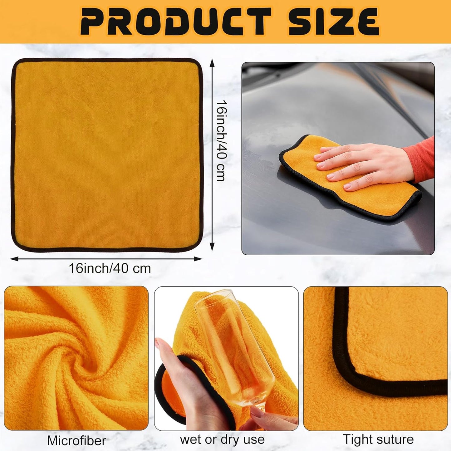 Tallew 12 Pcs Microfiber Towels 16 Inch x 16 Inch Microfiber Cloth Car Drying Towels for Cars Washing Polishing Office Windows Cleaning Household Supplies (Yellow)