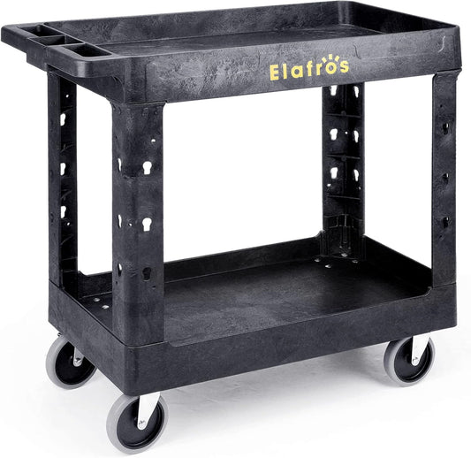 ELAFROS Heavy Duty Plastic Utility Cart 34 x 17 Inch - Work Cart Tub Storage W/Deep Shelves and Full Swivel Wheels Safely Holds up to 550 lbs - 2 Tier Service Cart for Warehouse,Garage, Cleaning