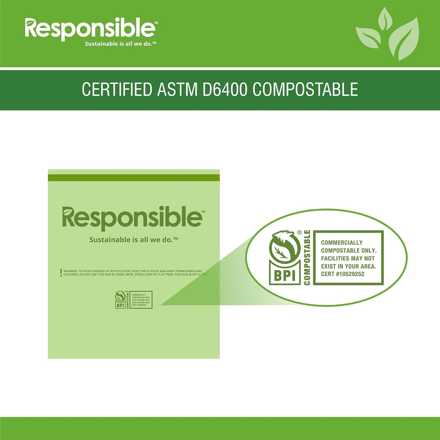 Responsible Products Kitchen Bin Liners, Certified Compostable, Heavy Duty Multipurpose Food Scrap Bags, Made from Compostable Materials (13 Gallon Drawstring, 13 Gallon (100 Count))