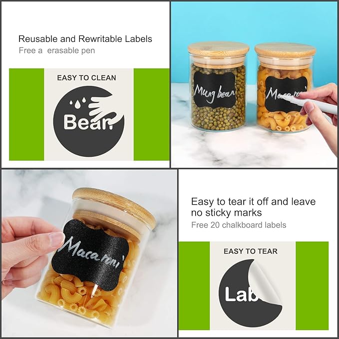 DHSBTLS 6 oz Glass Jars with Bamboo Lids, Borosilicate Glass Airtight Canisters sets, Food Storage Container, Pantry Organization and Storage Jars, Kitchen Spice Jars of 15