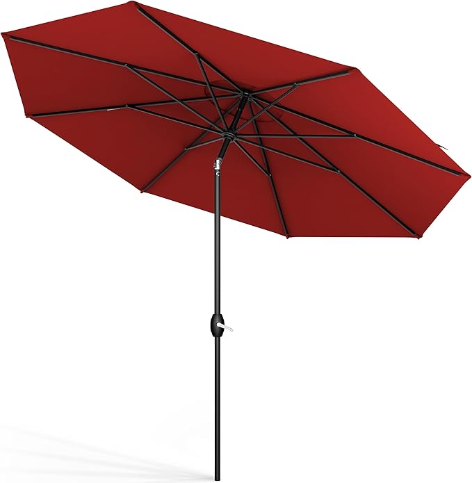 Midtown Umbrellas Sunbrella Umbrella 8 Feet Outdoor Umbrella With Sunbrella Red Acrylic Fabric - Auto-Tilt Aluminum Frame Patio Umbrella For Backyard, Deck, Garden, Pool - Black Pole