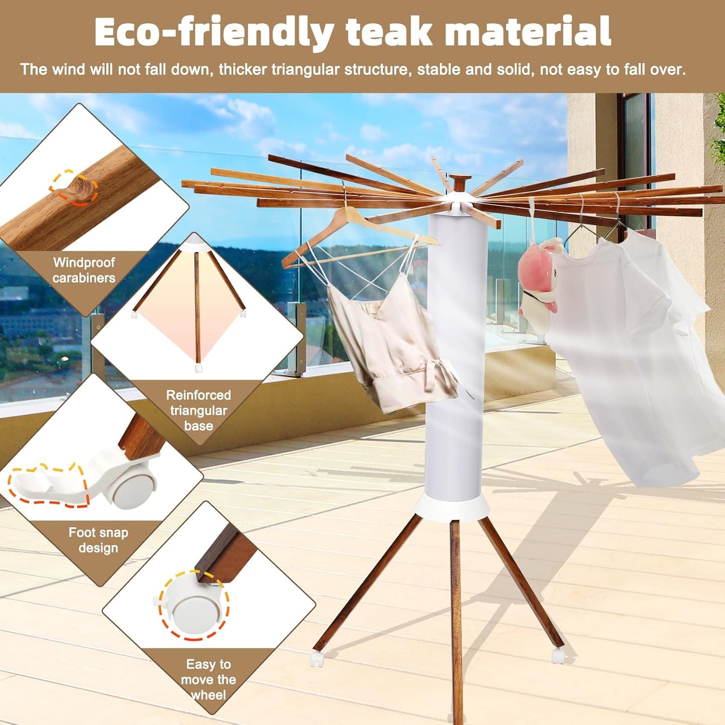 Portable Teak Tripod Clothes Drying Rack, Foldable Space-Saving Design, 16 Waterproof Teak Wood Drying Rods
