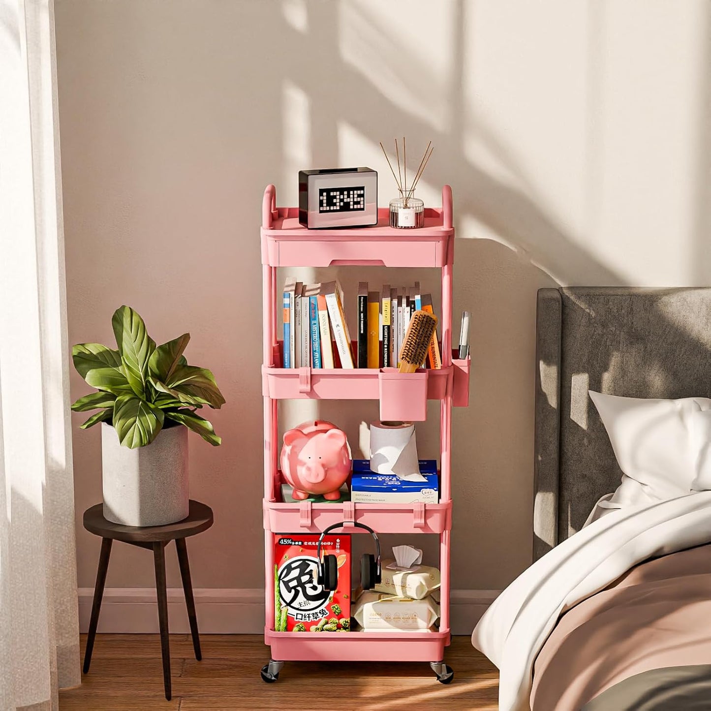 4 Tier Rolling Cart Organizer,Art Craft Diaper Bedside Snack Laundry Room Bathroom Organizer Narrow Thin Slim Rolling Trolley Utility Cart with Wheels for Kitchen,Office(Pink)