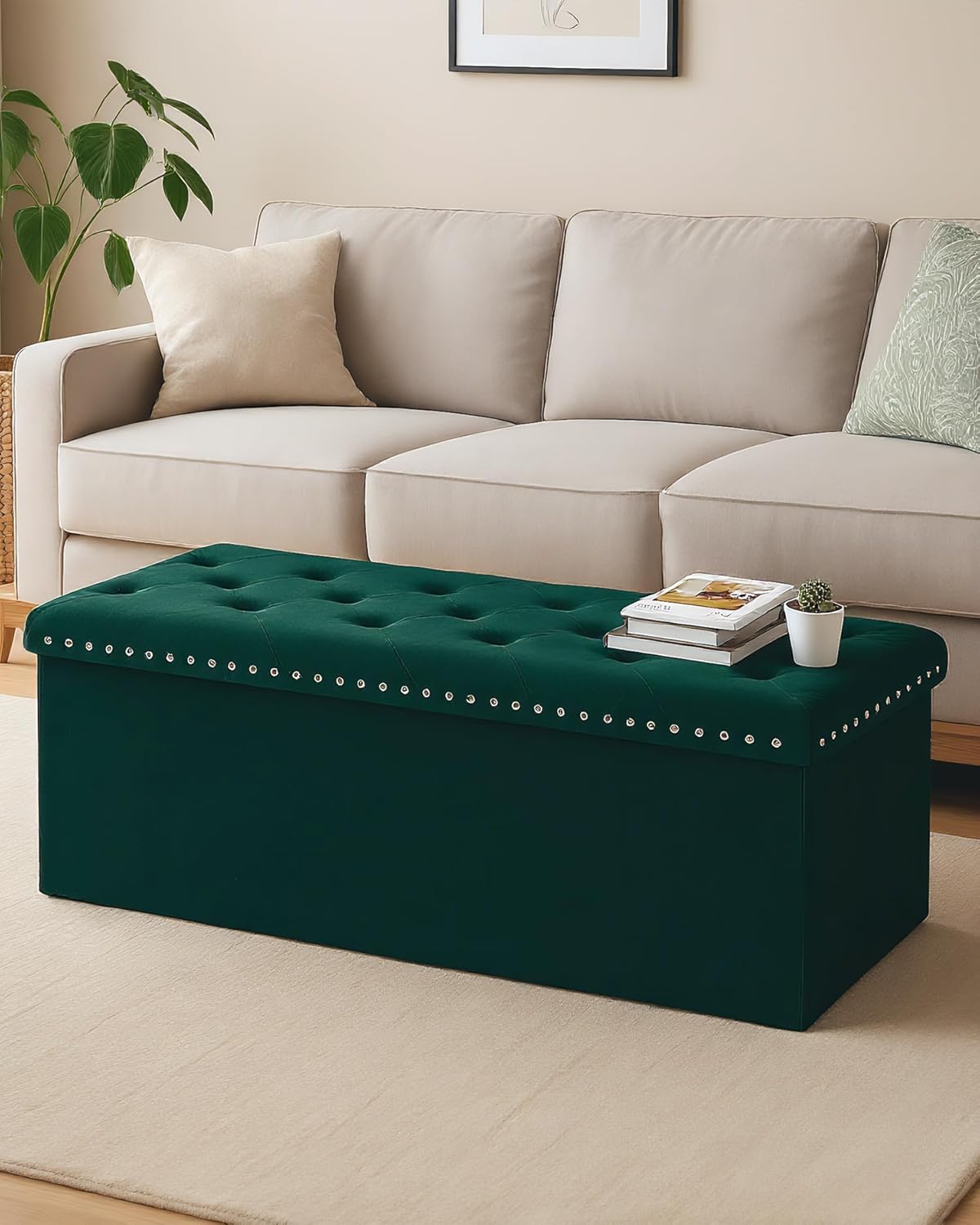 Velvet Storage Ottoman Bench, 43.3" Folding Ottoman with Rivet Trim, Heavy-Duty Upholstered Entryway Bench, Sturdy Footrest and Seat for Bedroom, Living Room, Holds up to 660 LBS, Green