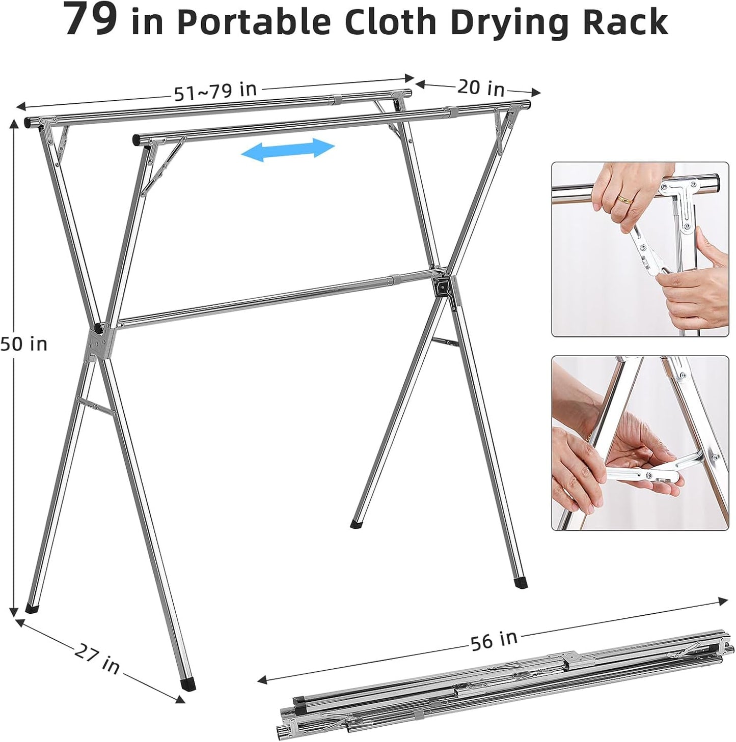 funest Drying Rack Clothing, 79 Inches Adjustble & Foldable Laundry Drying Rack, Heavy Duty Stainless Steel Clothes Drying Rack with 20 Hooks, 12 Clips, Suitable for Indoor, Outdoor and Balcony