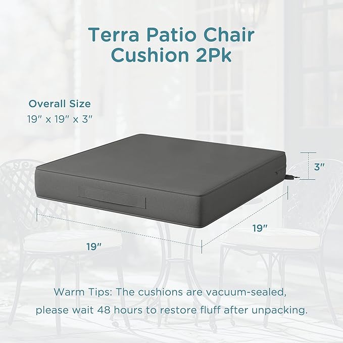 Codi Outdoor Chair Cushions 19x19 Inch, Waterproof Seat Cushion for Patio Furniture with Handles & Adjustable Straps, Fade Resistant - Set of 2, Grey