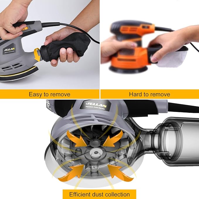 Jellas 5-Inch Random Orbital Sander with 18Pcs Sandpapers, 13000RPM 6 Variable Speed Sander Machine, High Performance Dust Collection System for Woodworking, 2.5A, Dust Collection Bag Include - OS280