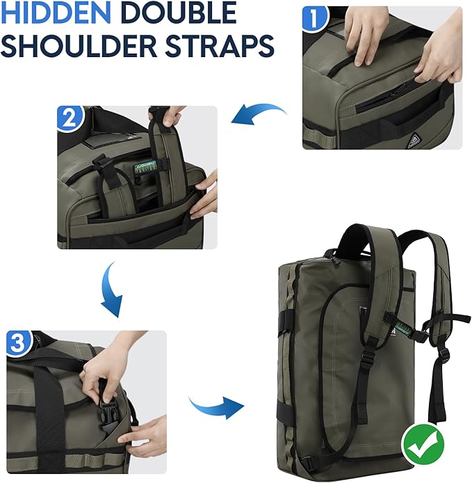 Haimont Water Resistant Backpack Duffle Heavy Duty Convertible Duffle Bag with Backpack Straps for Gym, Sports, Travel, Army Green, 60L