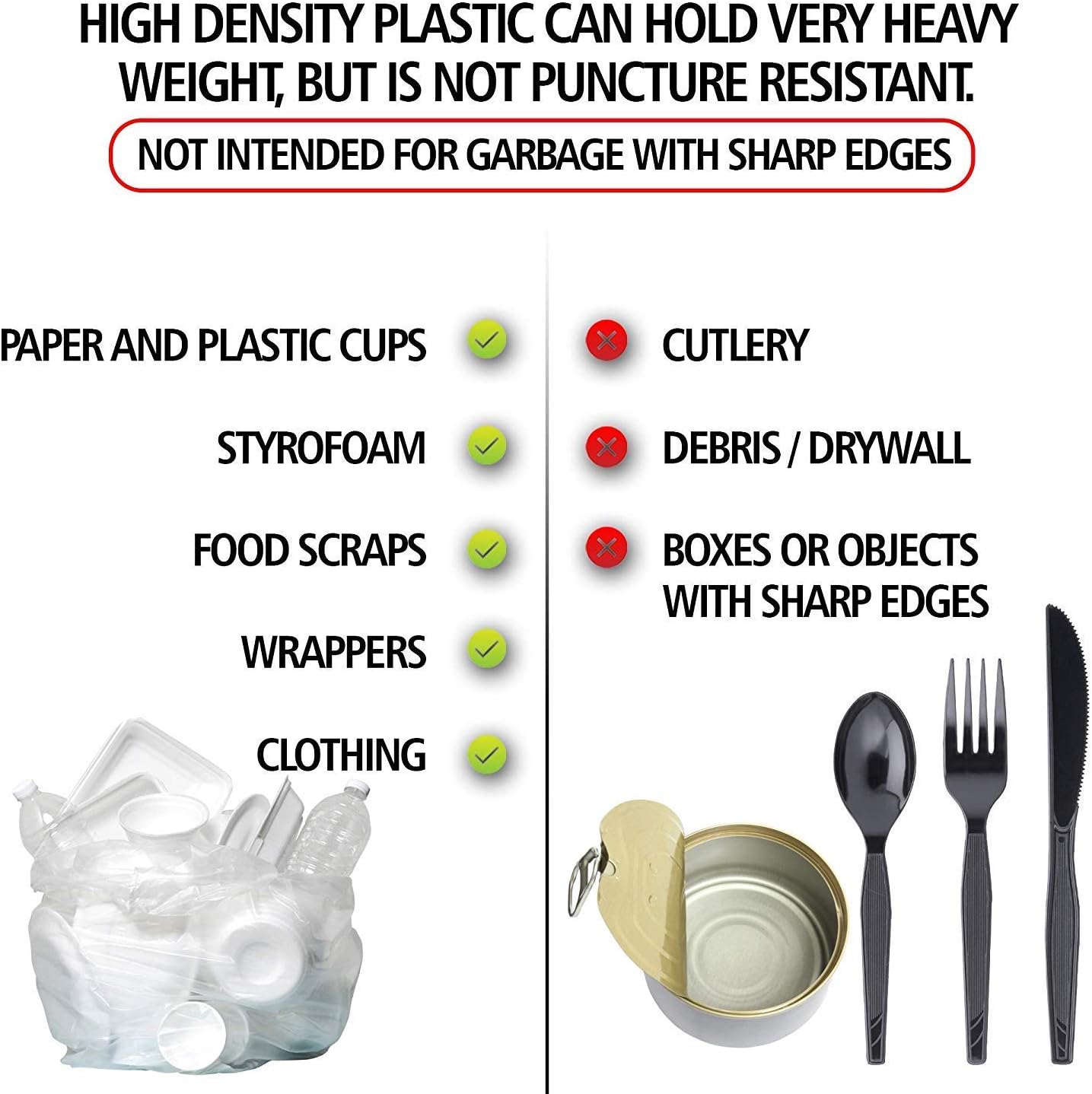 Aluf Plastics High Density Trash Bags, 60 Gallon, 200 Count, 14 Micron (eq), 38" x 60", Clear, for Bathroom, Office, Industrial, Commercial, Janitorial, Municipal, Recycling