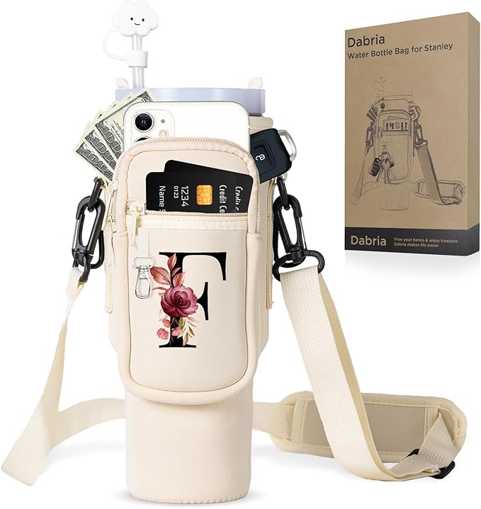 dabria Initial A-Z Water Bottle Bag with Phone Pocket for Stanley 40 oz Tumbler Neoprene Water Bottle Holder Pouch with Adjustable Strap Bollus with Straw Cover & Carabiner for Stanley Cup Accessories
