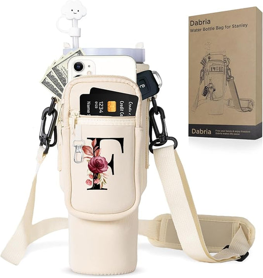 dabria Initial A-Z Water Bottle Bag with Phone Pocket for Stanley 40 oz Tumbler Neoprene Water Bottle Holder Pouch with Adjustable Strap Bollus with Straw Cover & Carabiner for Stanley Cup Accessories