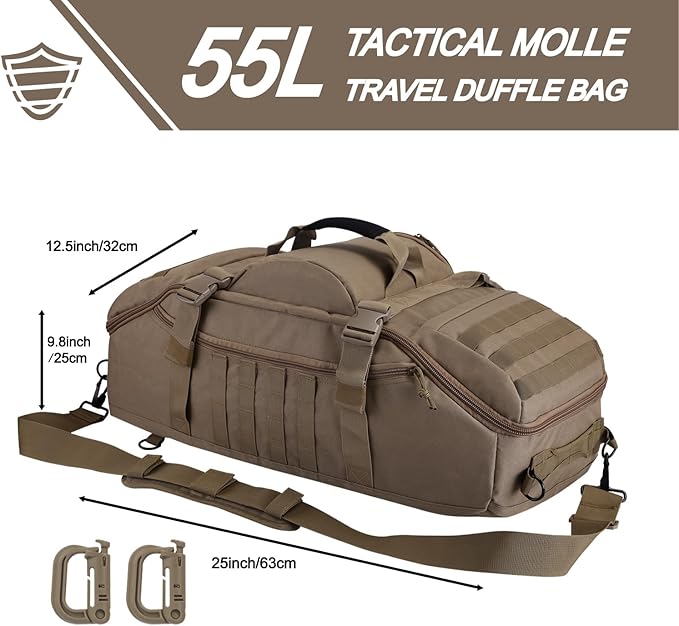 Travel Gym Duffle Bag Tactical, Gear Bag for Men Women, Large Duffle Bag for Travel, 3 in 1 Shoulder Bag Backpack Handbag for Sports Hiking Camping, Water Resistant & Easy Clean (Khaki, 55L)