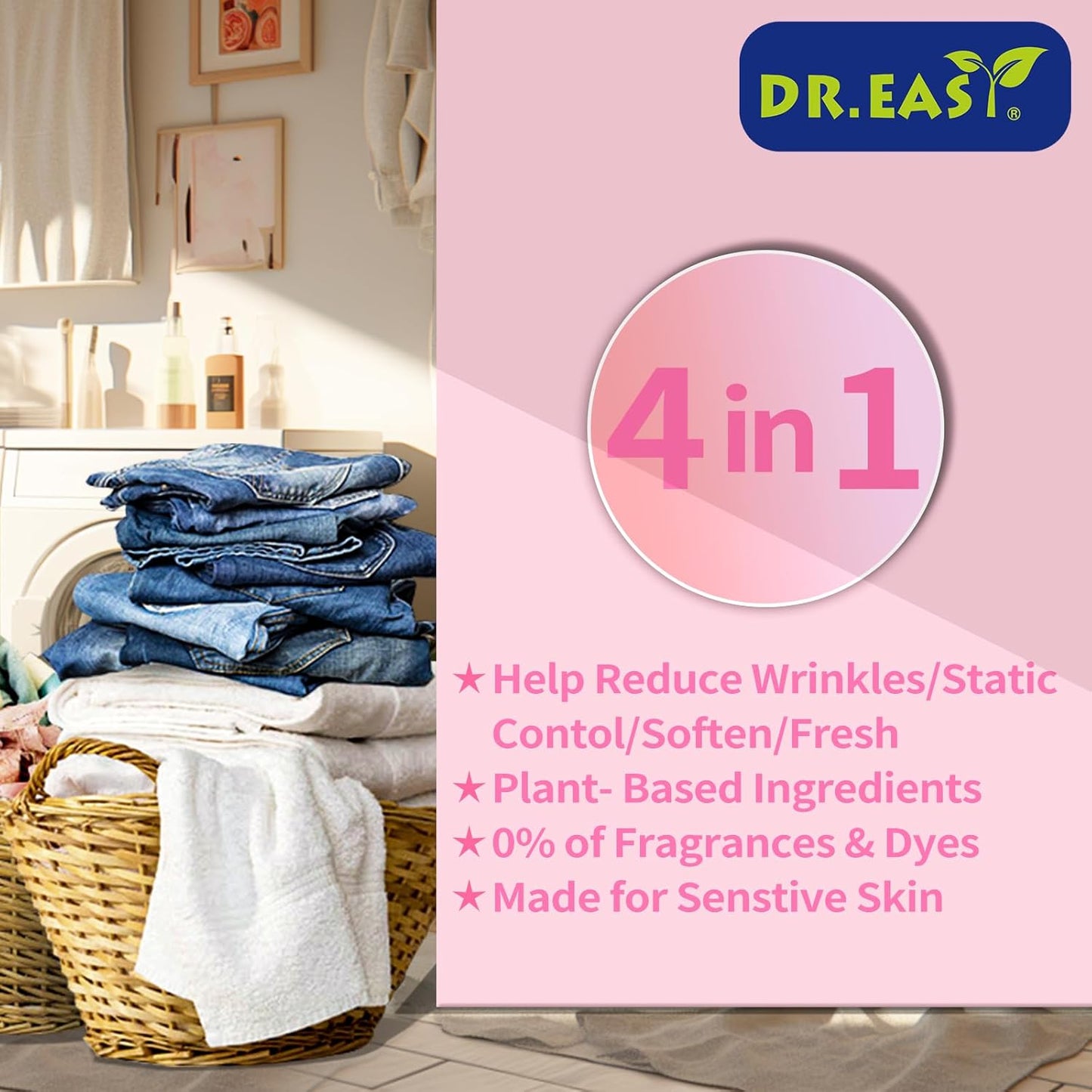 DR.EASY Dryer Sheets Plant Based Formula 252 Ct Super Caring,Softener sheets for Laundry Unscented No Dyes Reduce Static & Wrinkles Help Repel Pet Hair