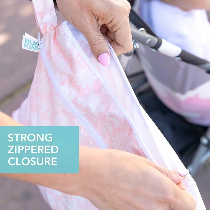 Bumkins Waterproof Wet Dry Bag for Baby, Travel, Swim Suit, Cloth Diapers, Pump Parts, Pool, Beach, Gym Clothes, Toiletry, Hook to Stroller, Daycare, Zipper Reusable Wetdry Packing Pouch, Floral Gray