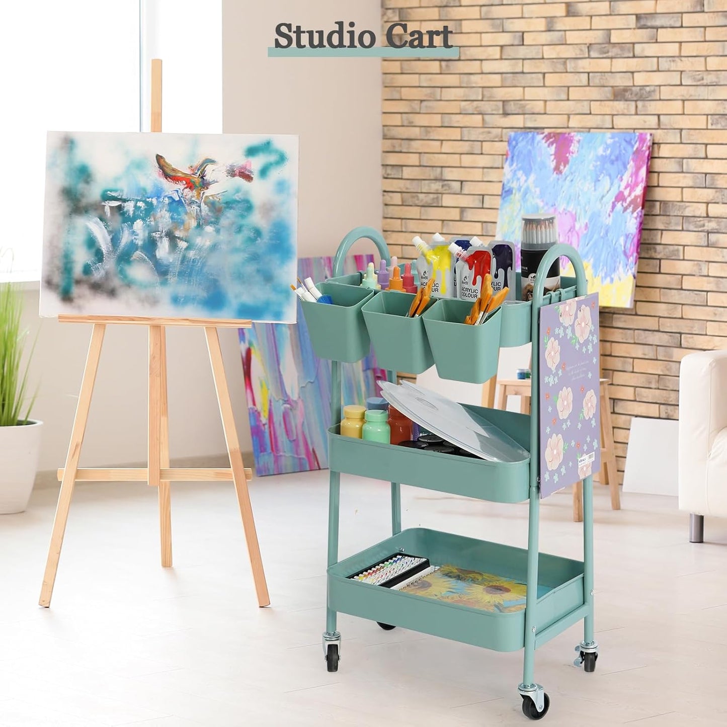 danpinera 3-Tier Rolling Cart, Metal Rolling Storage Cart with Lockable Wheels & Hanging Cups & Hooks, Mobile Trolley for Kitchen, Bathroom, Office, Workshop, Green