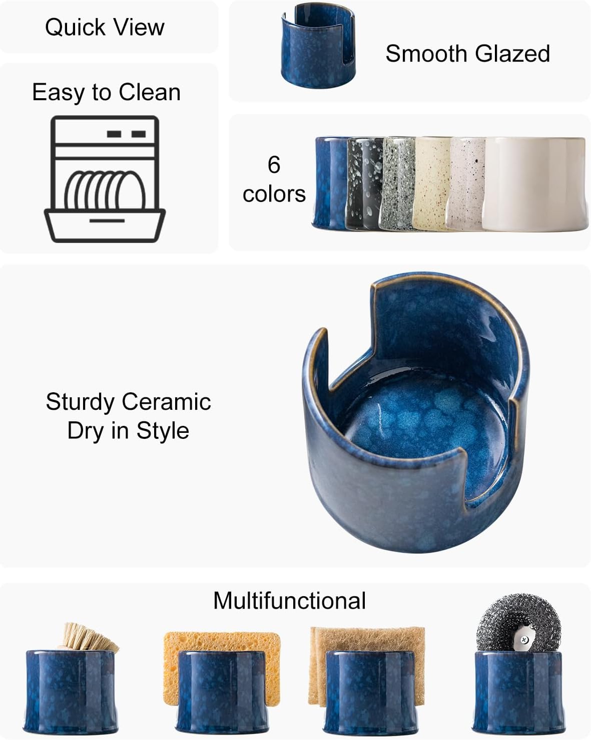 Kitchen Sponge Holder, Ceramic Sponge Organizer Scrubby Holder Sink Caddy Dish Rack for Kitchen and Bathroom, Farmhouse Decor, Blue