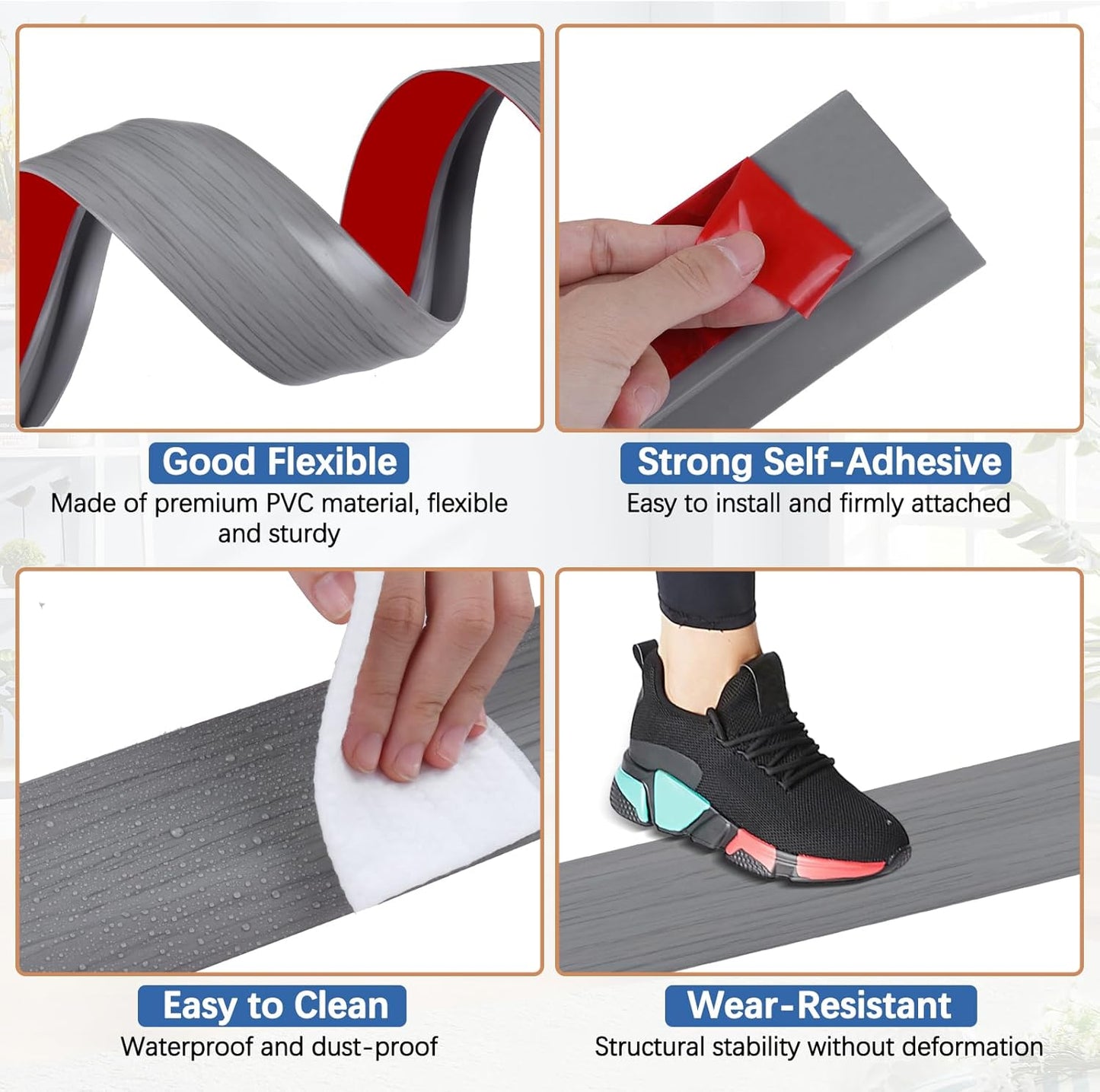 Vinyl Door Threshold Flooring Transition Strip Self Adhesive Carpet Edging Strip for Laminate Doorway Edge Threshold from 1/5" to 2/5" (Light Gray Wood Grain, 3.3 Ft)