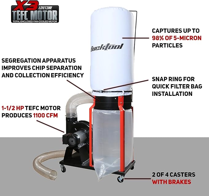 Bucktool 1-1/2HP Dust Collector, 1100 CFM Dust Collector for Woodworking with Movable Base