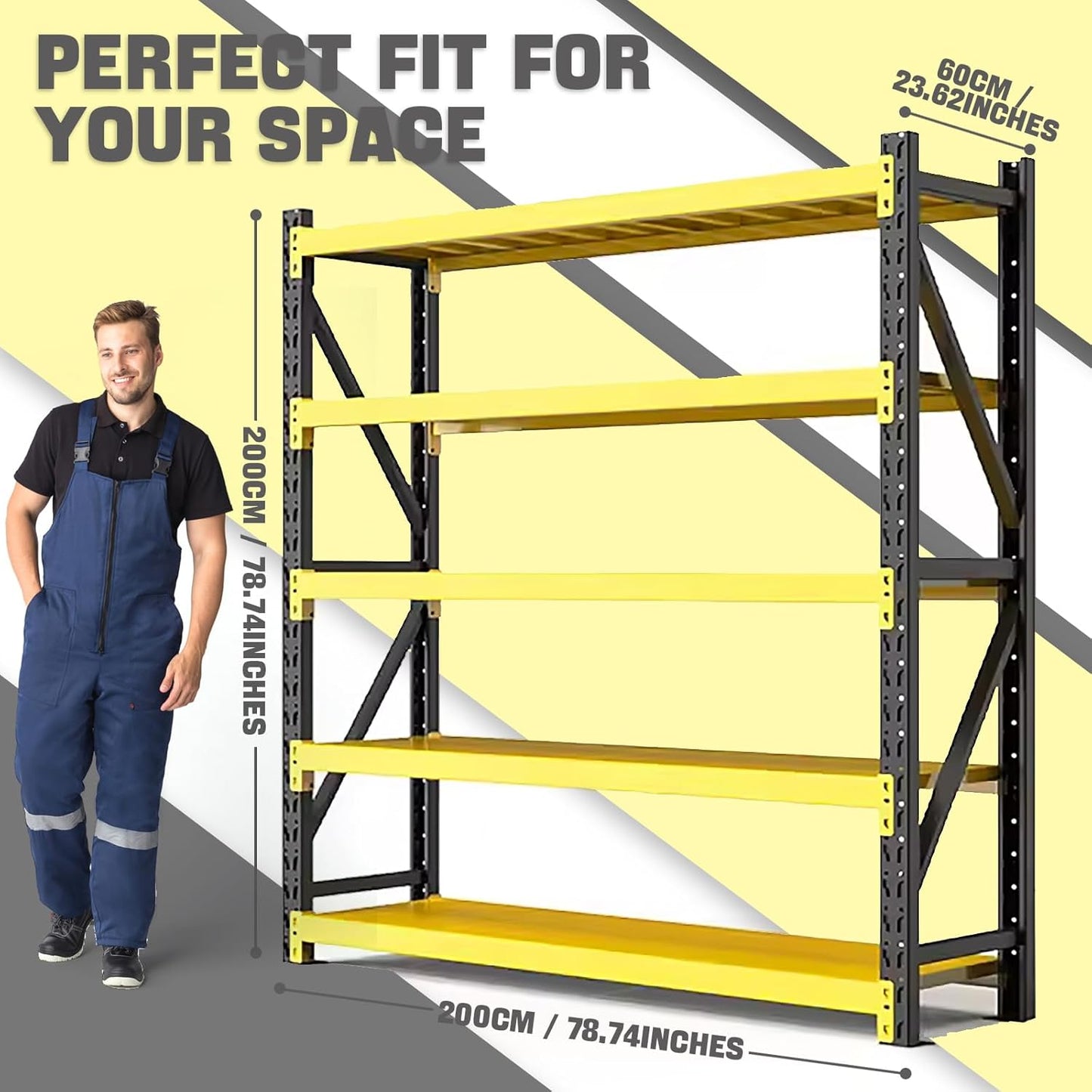 5000lbs Load Capacity,Heavy Duty 4-Tier Steel Shelving Unit, Adjustable Industrial Storage Rack for Garage Warehouse (Yellow and Black, W78.74*D23.62*H78.74)