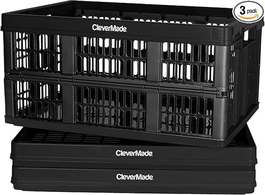 CleverMade Collapsible Utility Crates-Obsidian 3pck 45L / 11 Gal holds 66 lbs - Stackable Containers Heavy Duty Capacity Crates Space-Saving Baskets